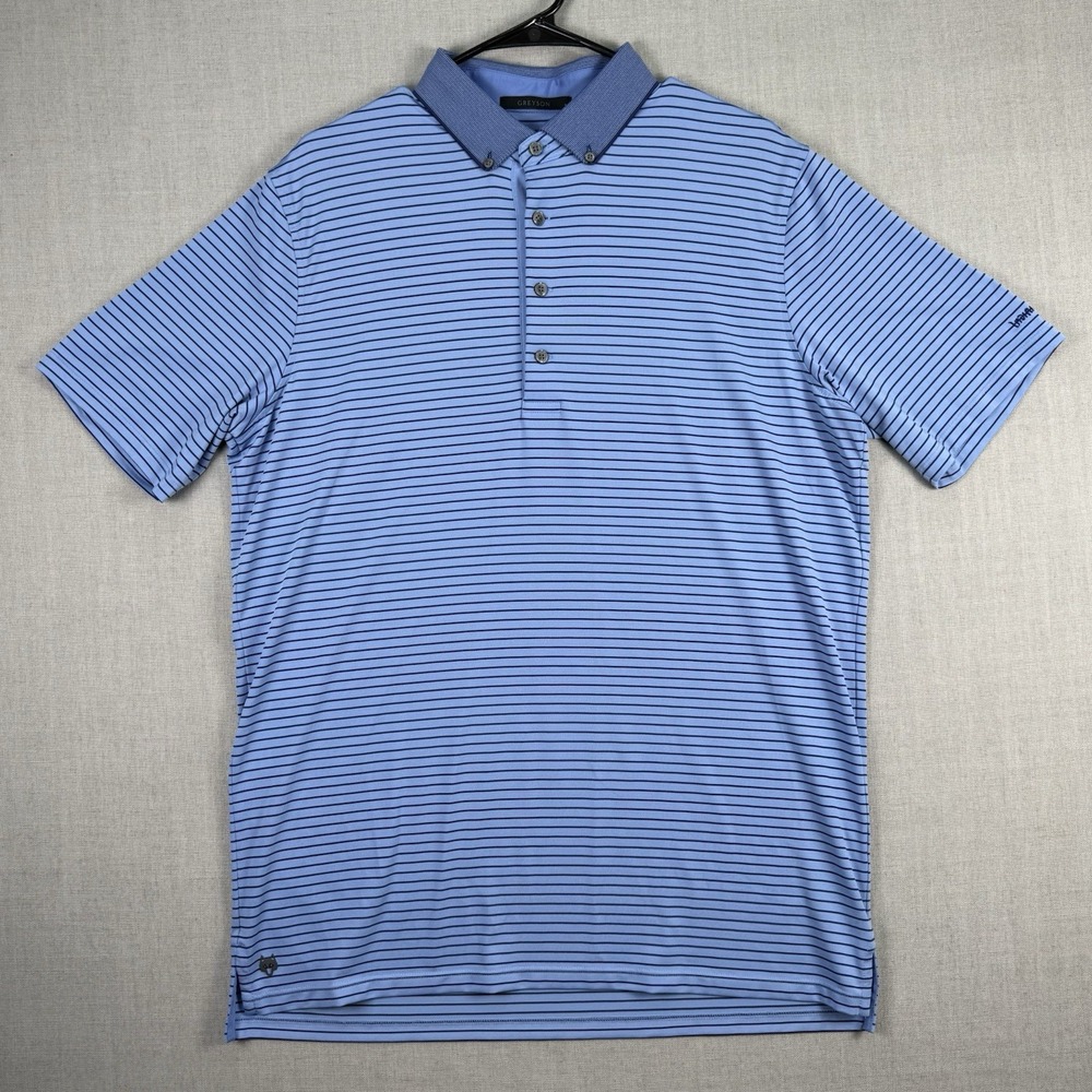 Greyson Polo Shirt Mens Large Blue Striped Golf Performance Stretch Wolf Logo